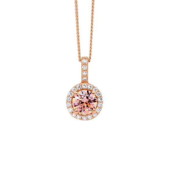 Morganite colour CZ Surround Silver Necklace