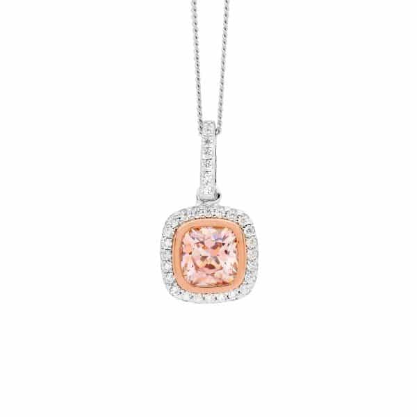 Morganite Colour Cushion Cut CZ Silver Necklace
