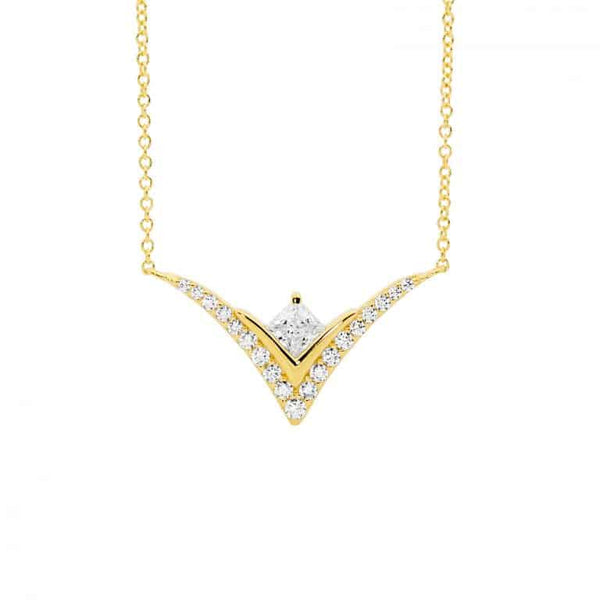 CZ Princess Cut 'V' Pendant Yellow Gold