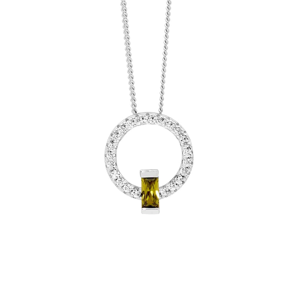 Sterling Silver Open Circle Pendant with Peridot Baguette CZ
