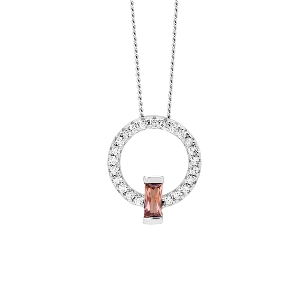 Sterling Silver Open Circle Pendant with Rhodolite Baguette CZ