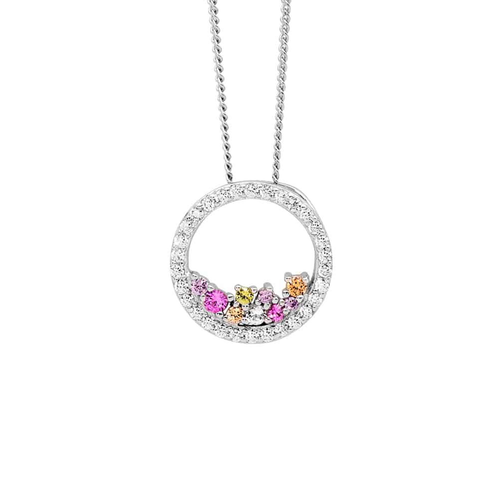 Sterling Silver Open Circle Pendant with Scattered Pastel Coloured CZ