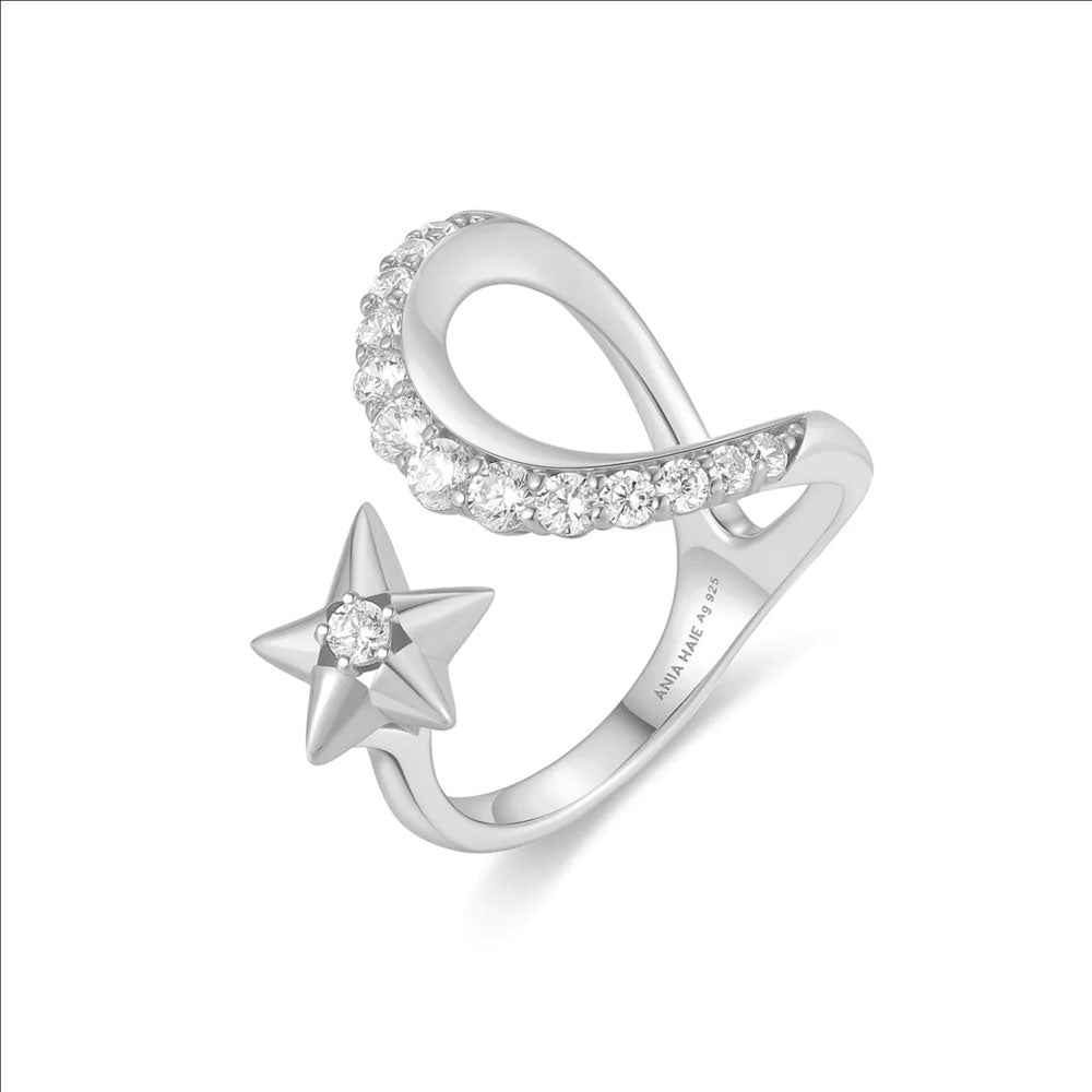 Silver Sparkling Moon and Star Adjustable Ring