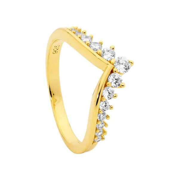 Yellow Gold Plated Wishbone Silver CZ Ring