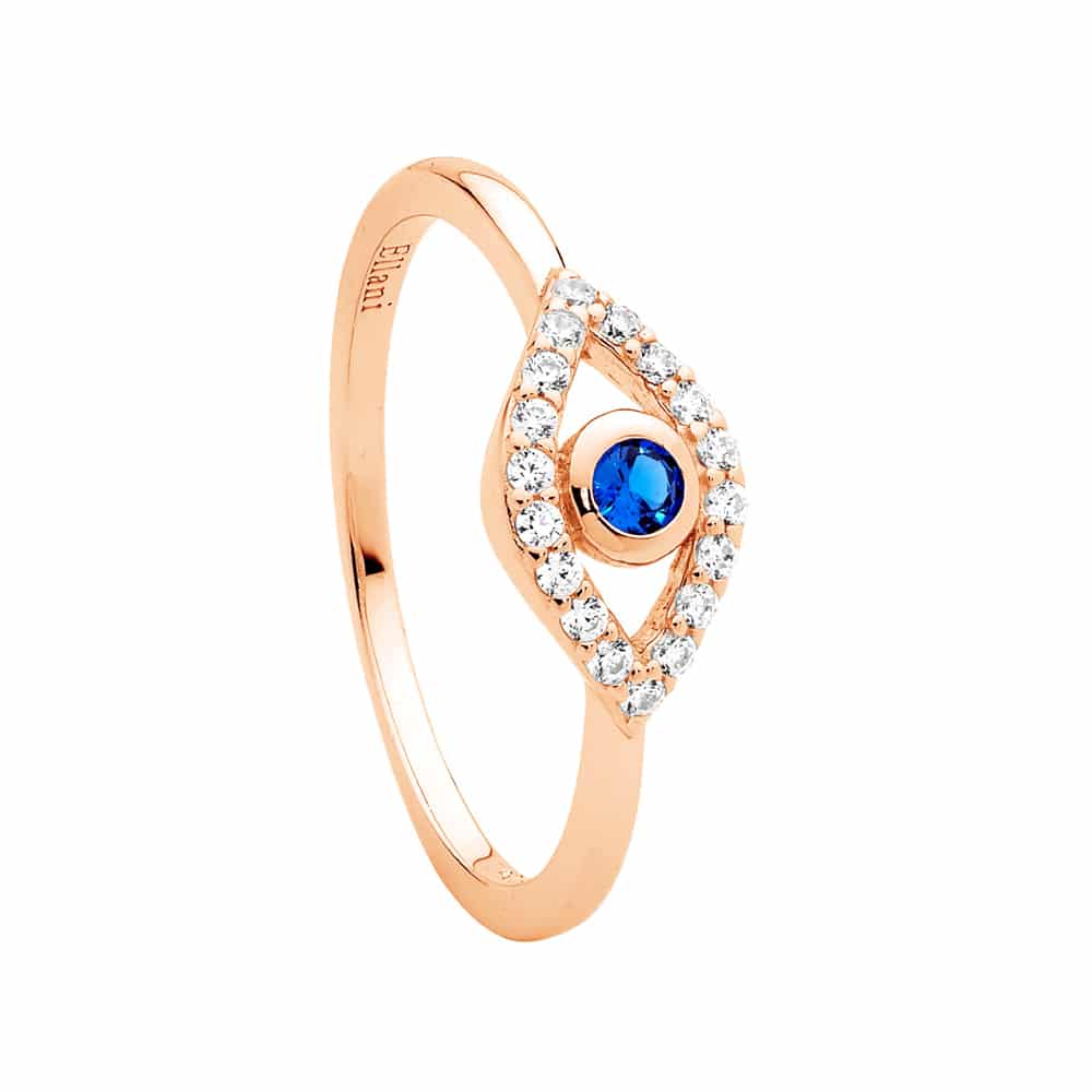 Rose Gold Plated Sterling Silver White & Blue CZ Bezel Set Evil Eye Ring