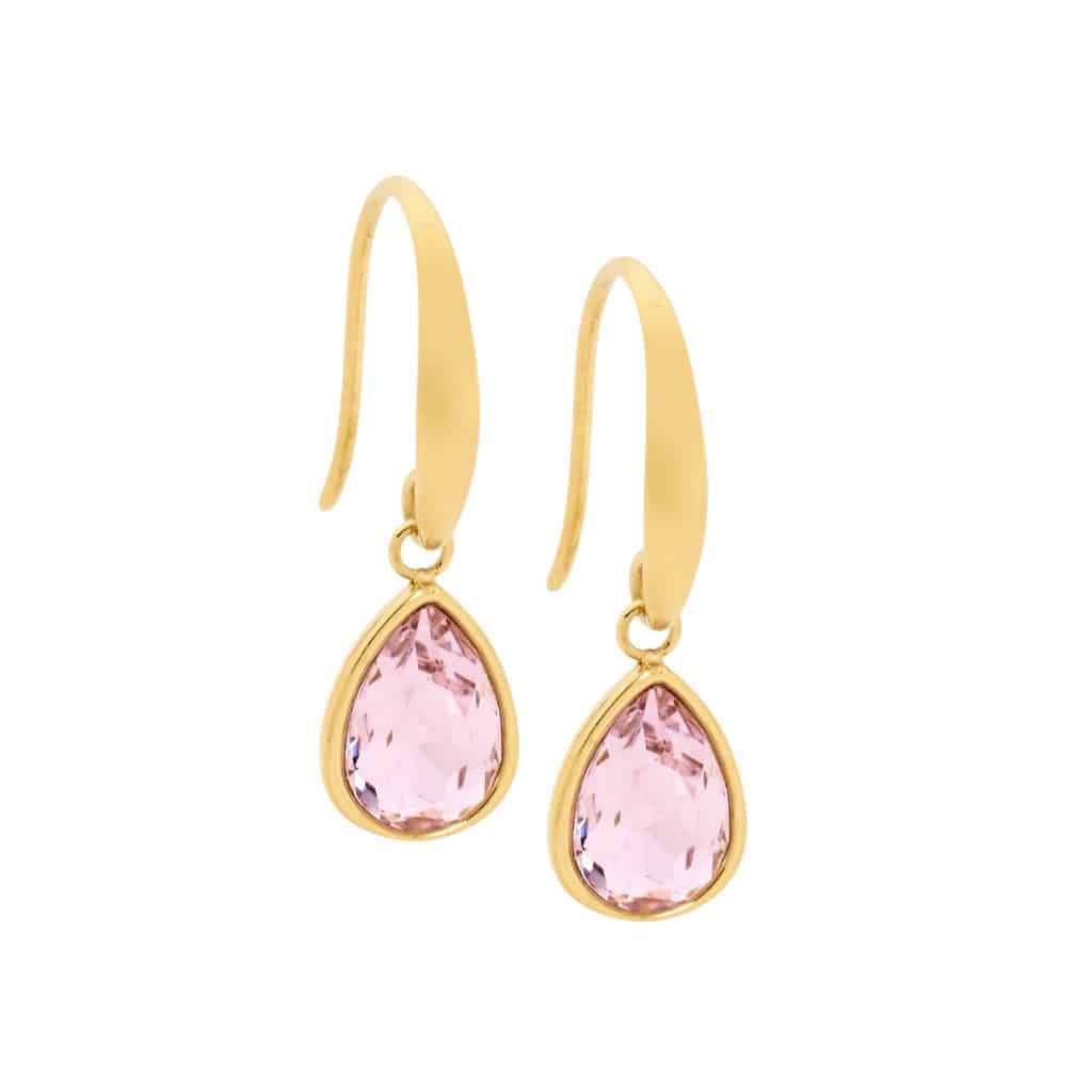 Pink Colour Crystal Stainless Steel Earrings Yellow Gold
