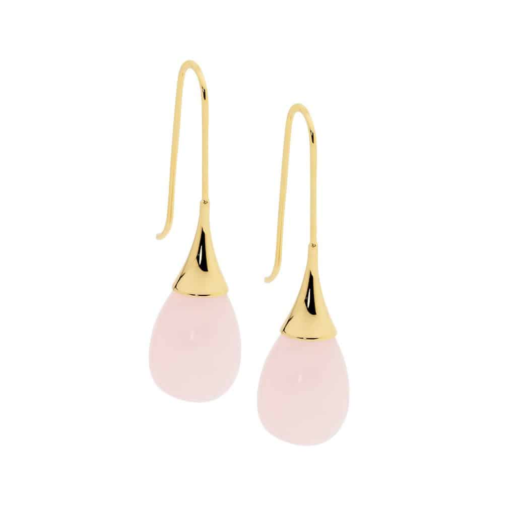 Rose Quartz Stainless Steel Drop Earrings Yellow Gold