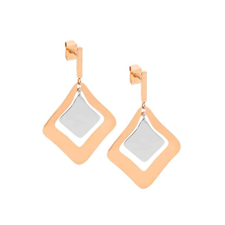 Stainless Steel Two Tone Geometric Drop Earrings Rose Gold