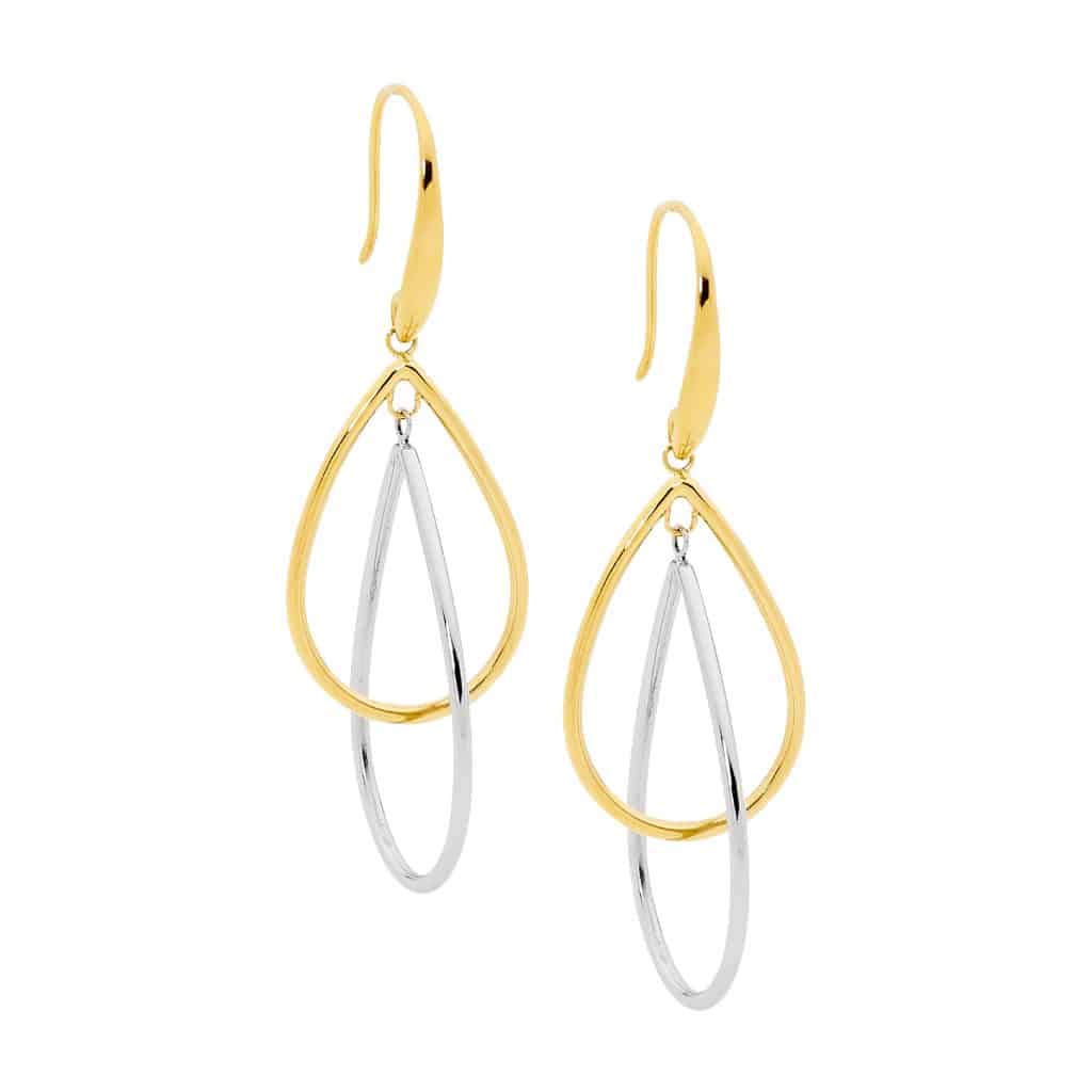 Double Open Tear Drop Earrings Yellow Gold
