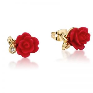 Red Enchanted Rose Stud Earrings Yellow Gold