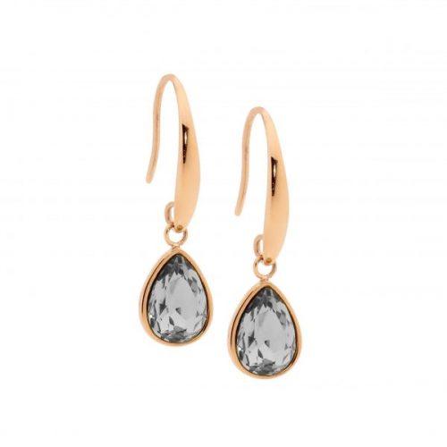 Stainless steel tear drop earrings IP rose gold Plated 9 mm (W) X 30 mm (H) Black diamond colour crystal Ellani pink velvet pouch included