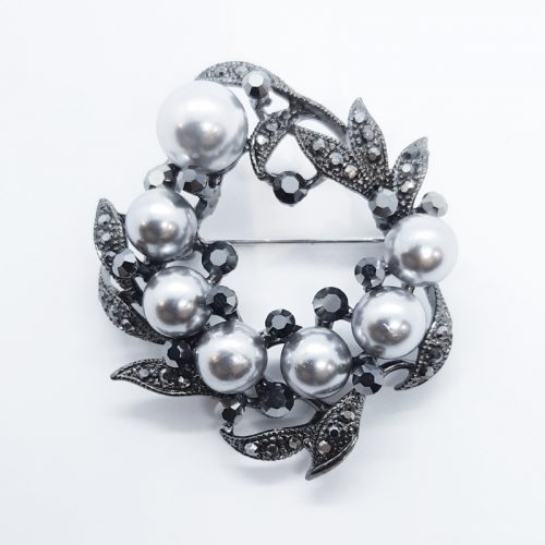 Silver Faux Pearl Black Crystal Brooch