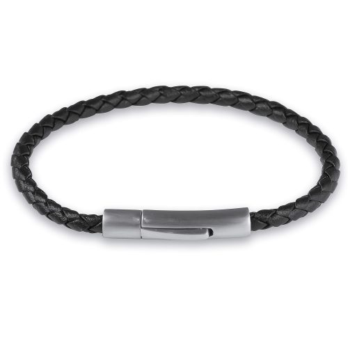 Men's Black Leather Stainless Steel Bangle Bracelet