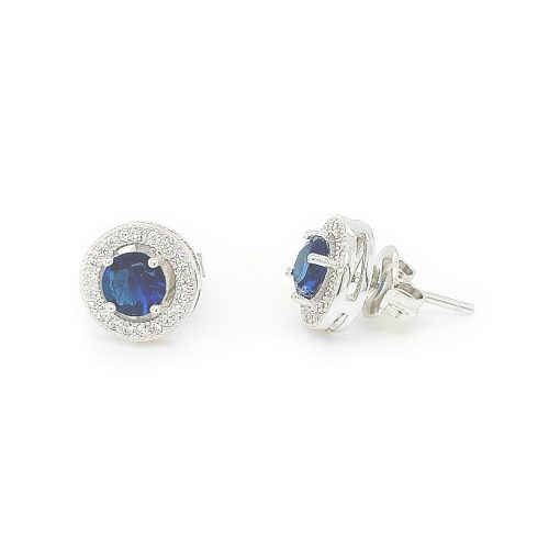 Rhodium Plated Sterling Silver Blue CZ Round Stud