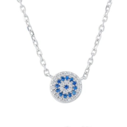 Rhodium Plated Sterling Silver Tiny CZ Evil Eye Necklace
