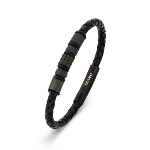 Black Leather bangle with carbon Fibre Beads