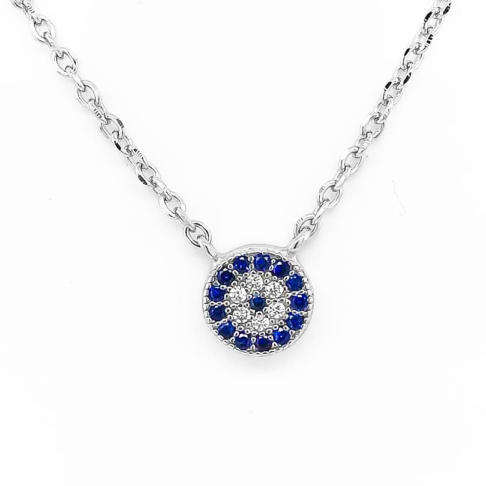 Rhodium Plated Sterling Silver Blue CZ Evil Eye Small