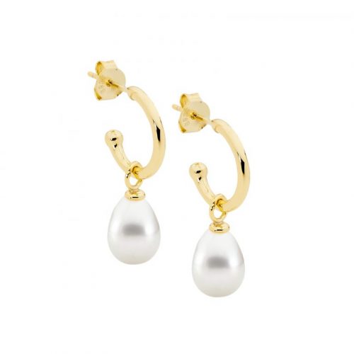 Sterling Silver Semi Hoop Earrings With Freshwater Pearl Yellow Gold