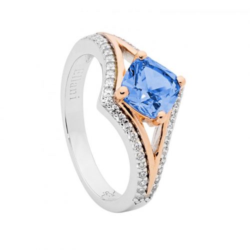 Sterling Silver Open 'V' White and Blue Colour CZ Ring