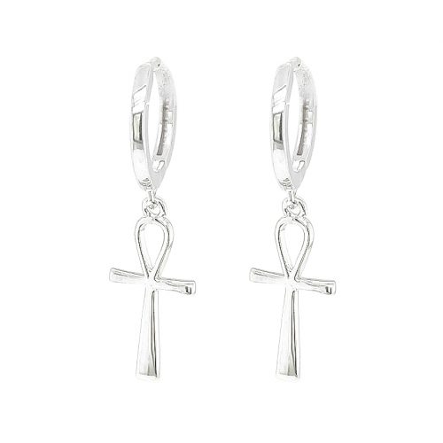 Rhodium plated Silver Cross Pendant Hoop Earrings