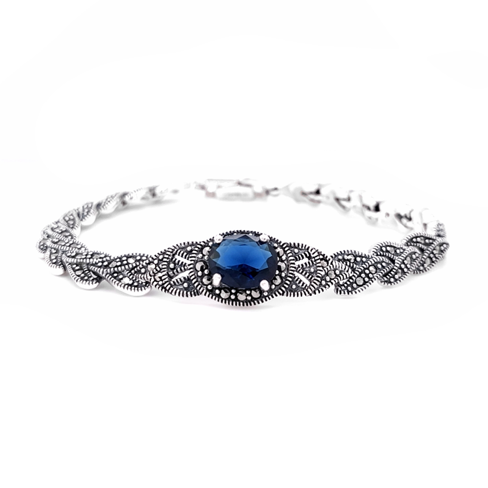 Sapphire Blue CZ Marcasite Silver Bracelet