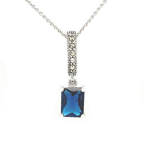 Sapphire Blue CZ Marcasite Silver Necklace