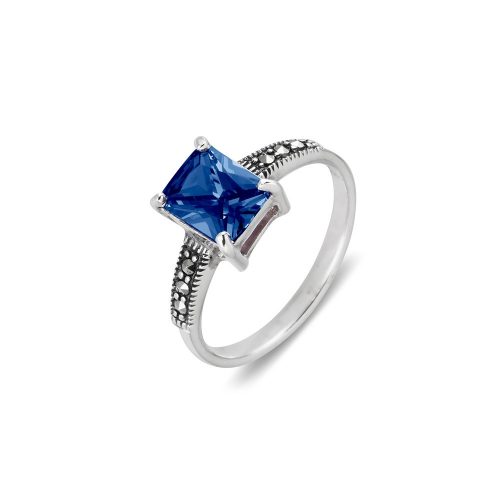 Sapphire Blue CZ Marcasite Silver Ring