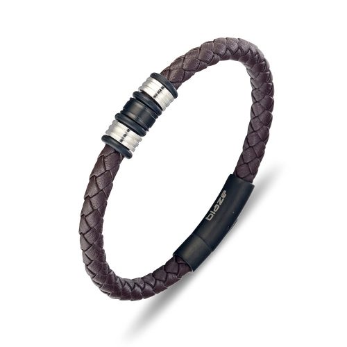 Men's Leather and Beads Bangle Brown