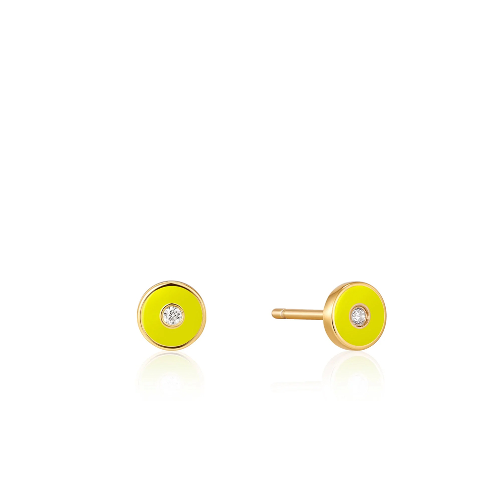 Neon Yellow Enamel Disc Gold Stud Earrings