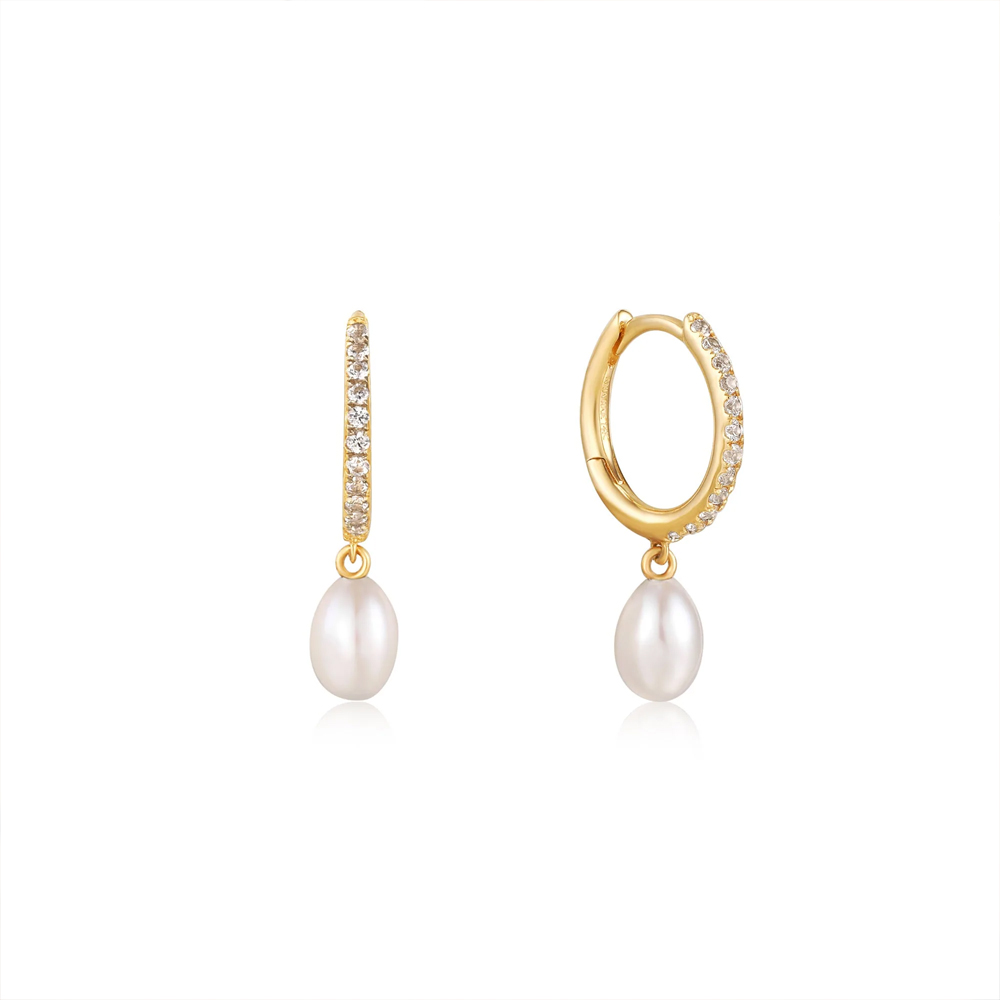 14kt Gold Pearl Drop and White Sapphire Huggie Hoop Earrings
