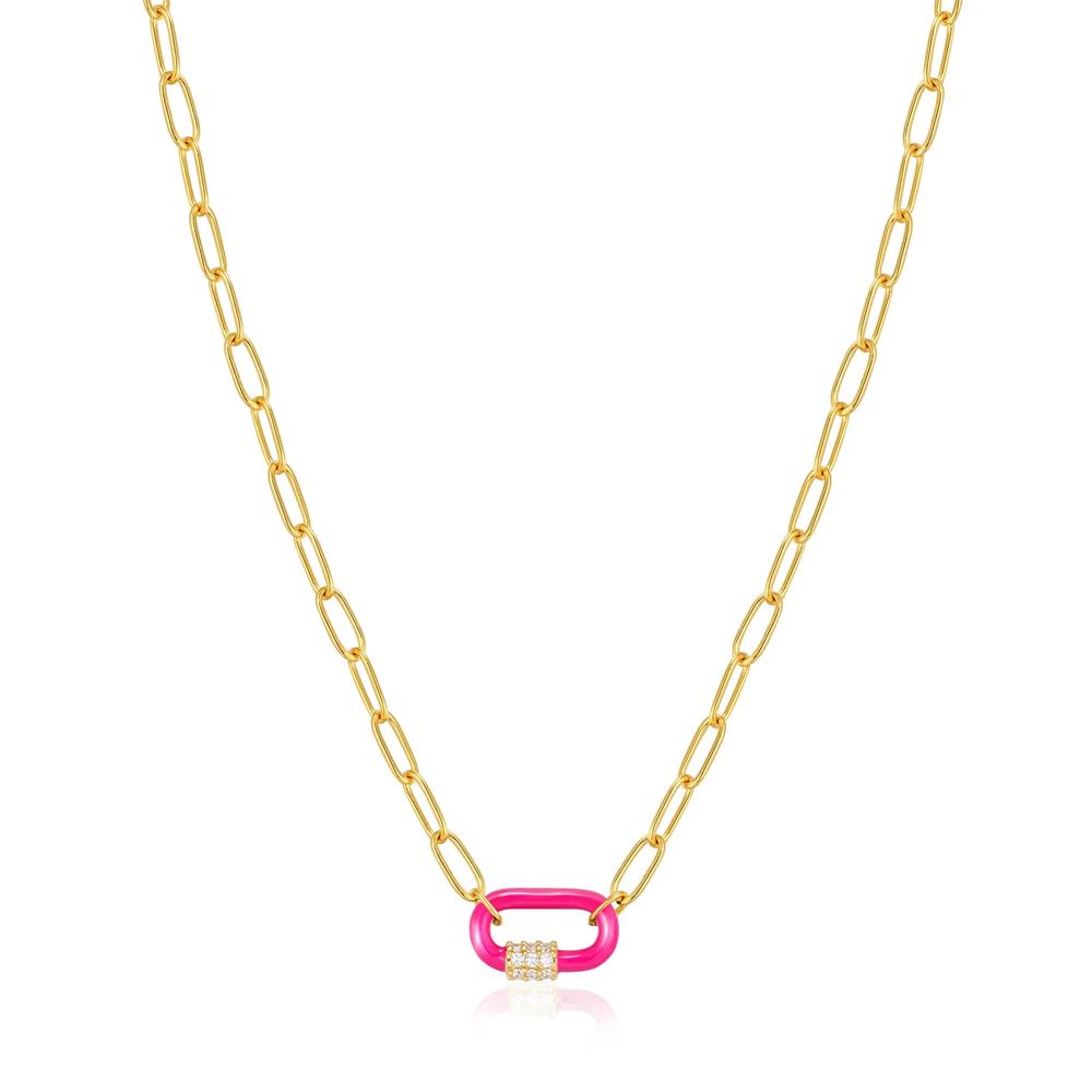 Neon Pink Enamel Carabiner Gold Necklace