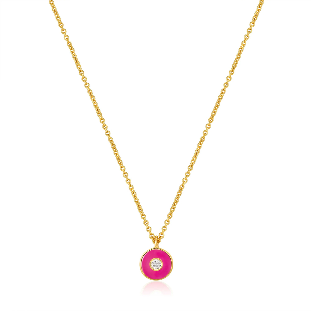 Neon Pink Enamel Disc Gold Necklace