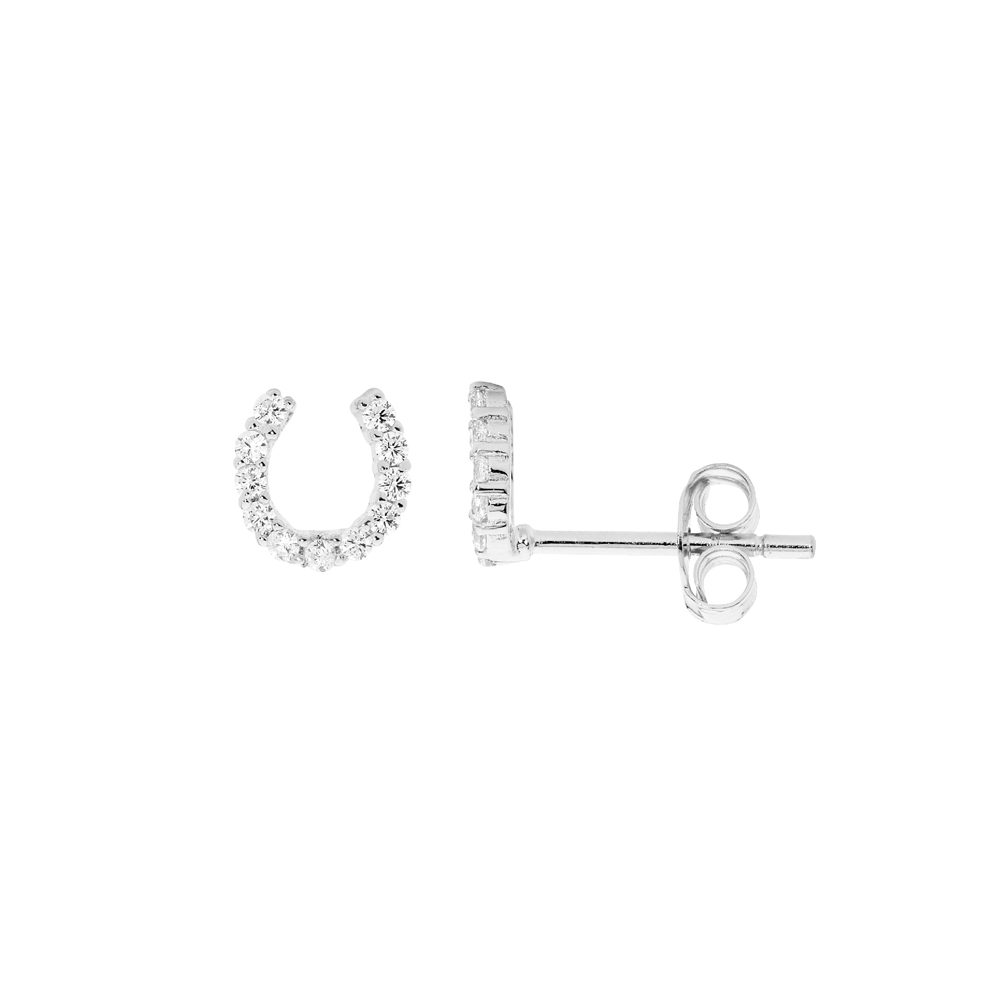 Rhodium Plated Sterling Silver Horseshoe Stud Earrings