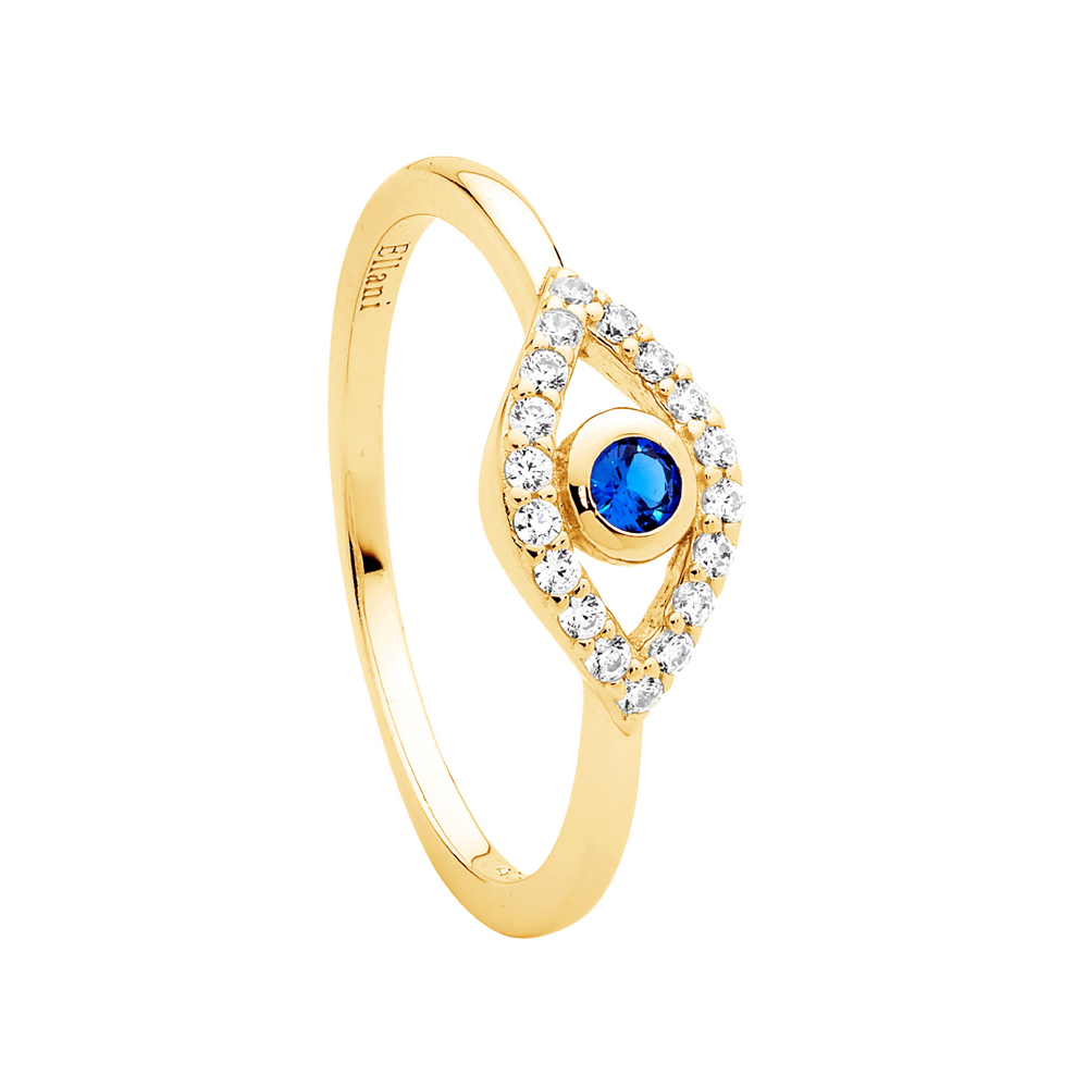 Gold Plated Sterling Silver White & Blue CZ Bezel Set Evil Eye Ring