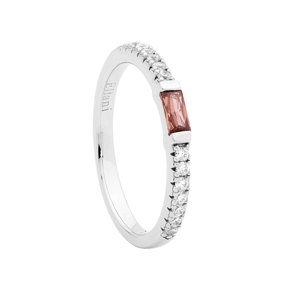 Sterling Silver CZ Band with Rhodolite Baguette CZ Ring