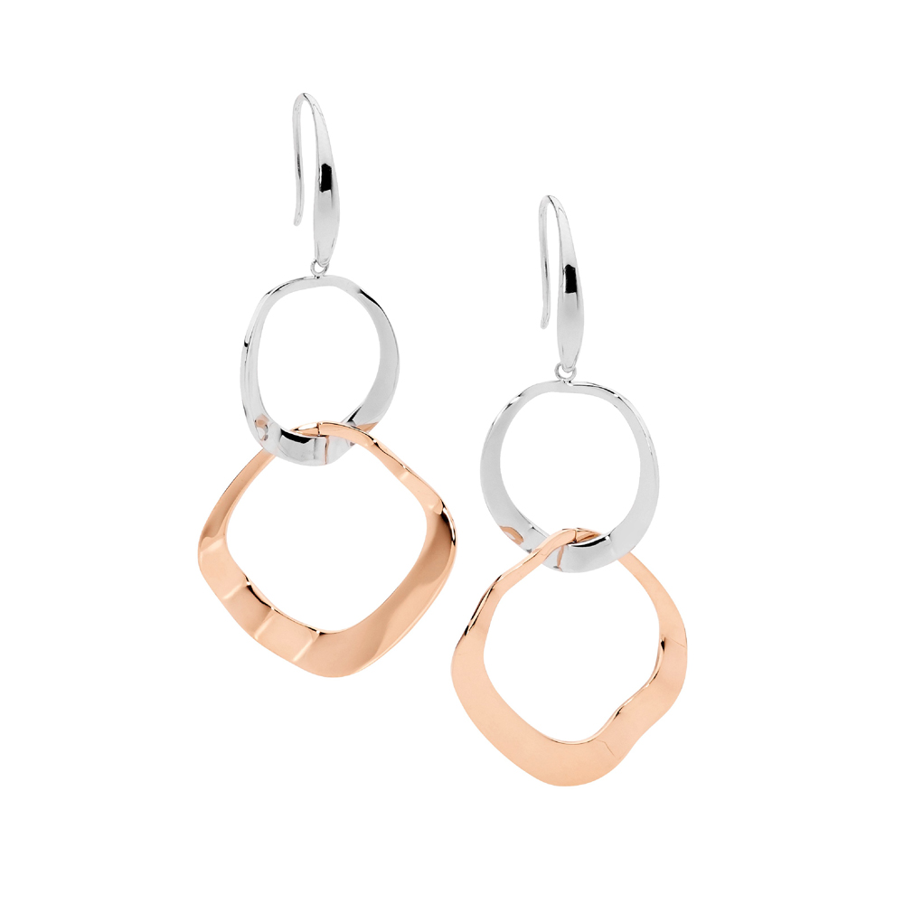 Stainless Steel Double Wave Open Circle Earrings with 2-Tone Rose Gold Plating