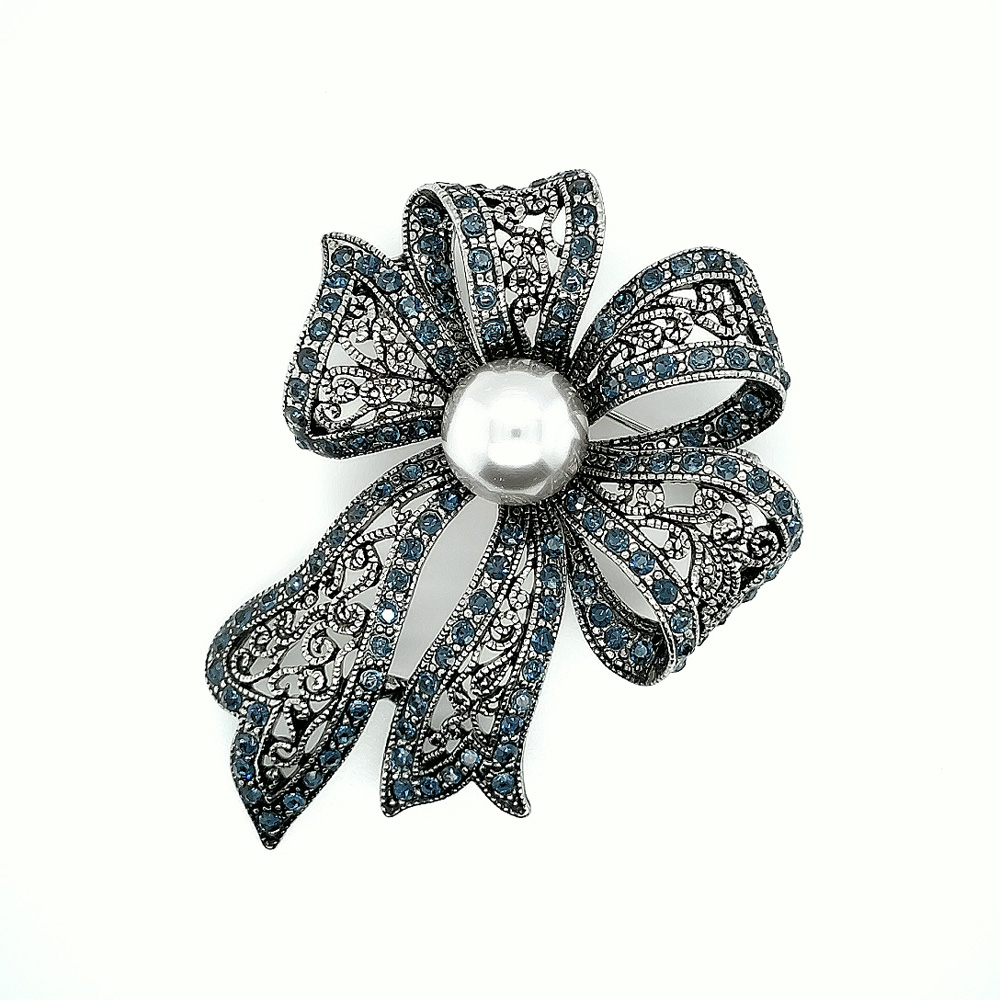 Lace Bow with Silver Faux Pearl Brooch Montana