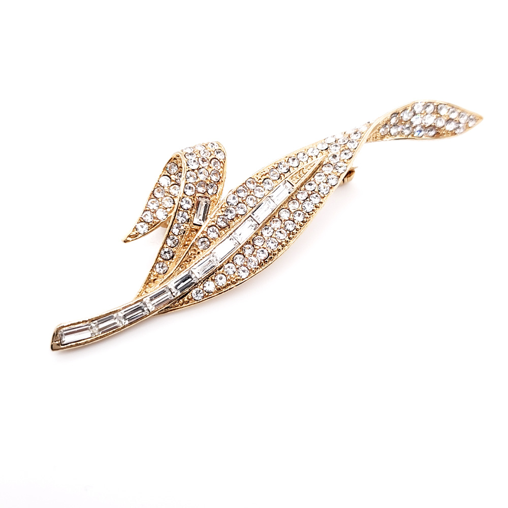 Baguette Crystal Leaves Brooch Yellow Gold