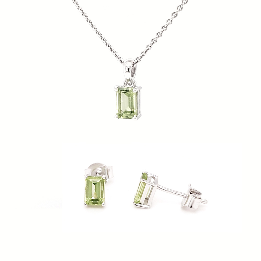 Baguette Peridot Silver Necklace and Studs Set