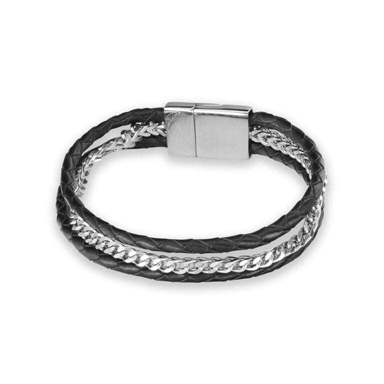 Black Multi-stranded Leather with Steel Chain Bracelet