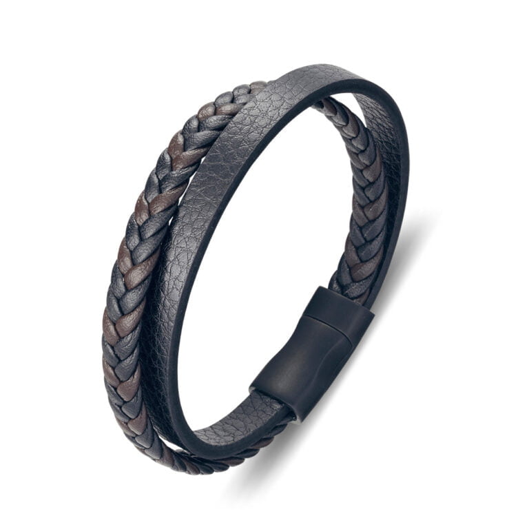 Black and Brown Braided Double-strap Leather Bracelet