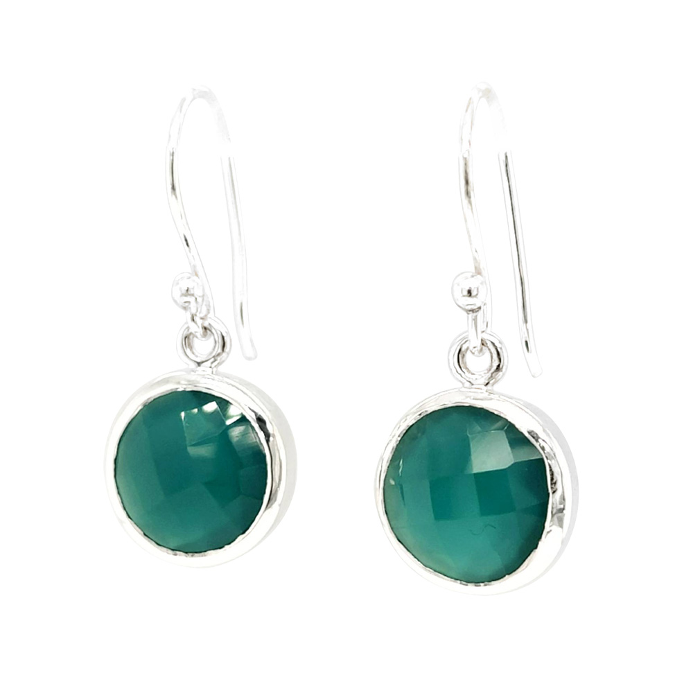 Faced Cut Round Green Onyx Silver Earrings