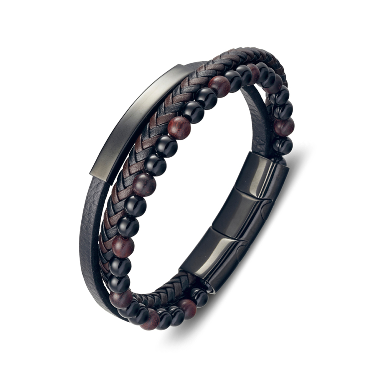 Beaded Multi-strap Leather Bracelet with ID Plate