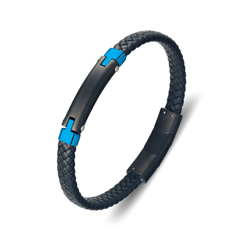 Black Leather with Multi-colour ID Plate Bracelet Blue