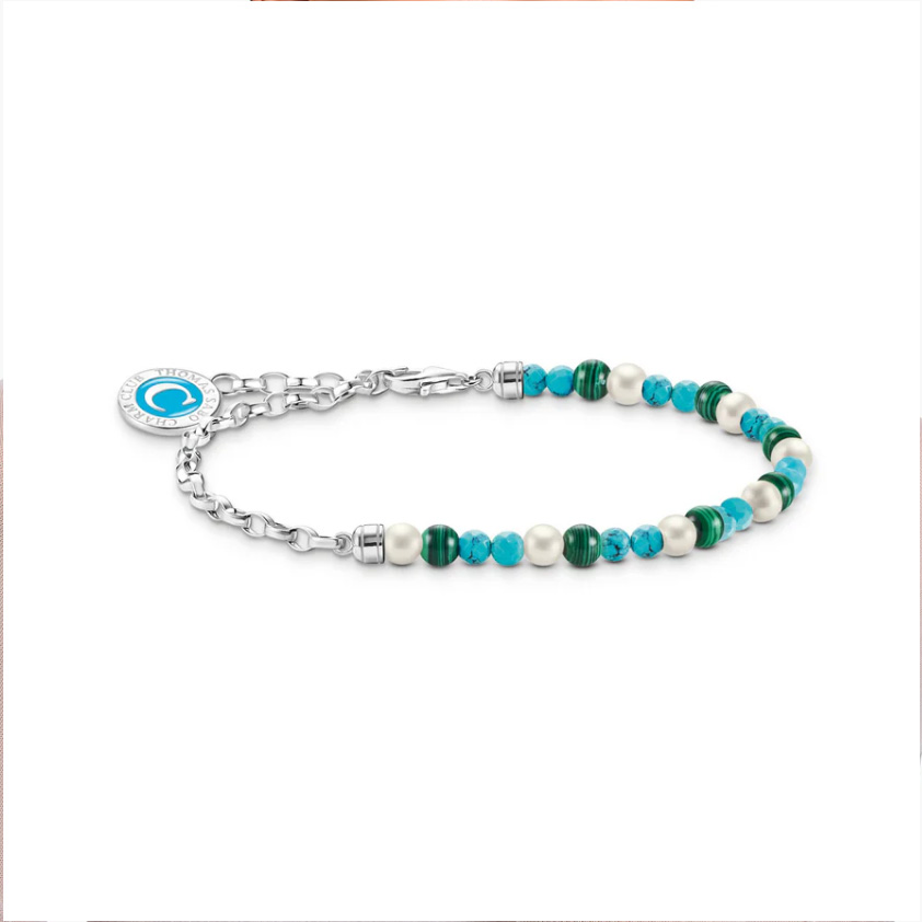 Member Charm Bracelet with Pearls, Malachite and Charmista Disc Silver